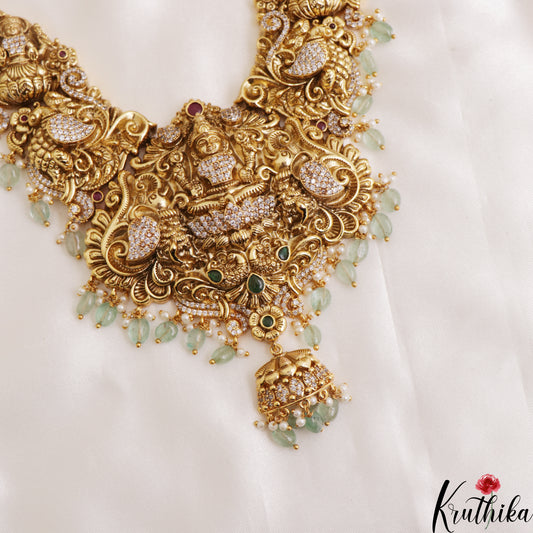 Premium Antique Nagas Lakshmi Peacock Motifs Necklace With Mint Green Bead Drops NC3078