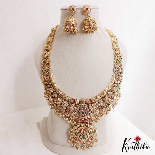 Premium Antique Floral Peacock Motifs Jadau Haaram With Pearl Bead Drops LH2108