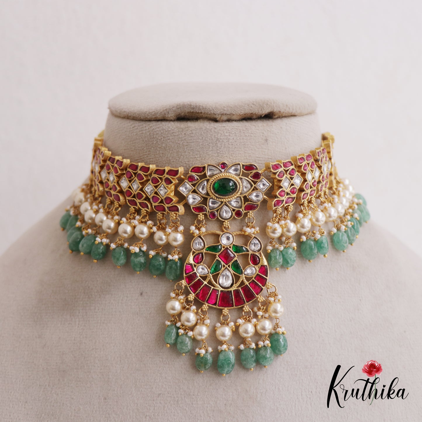 Stunning Floral Motifs Jadau Choker With Pearl And Bead Drops NC2692