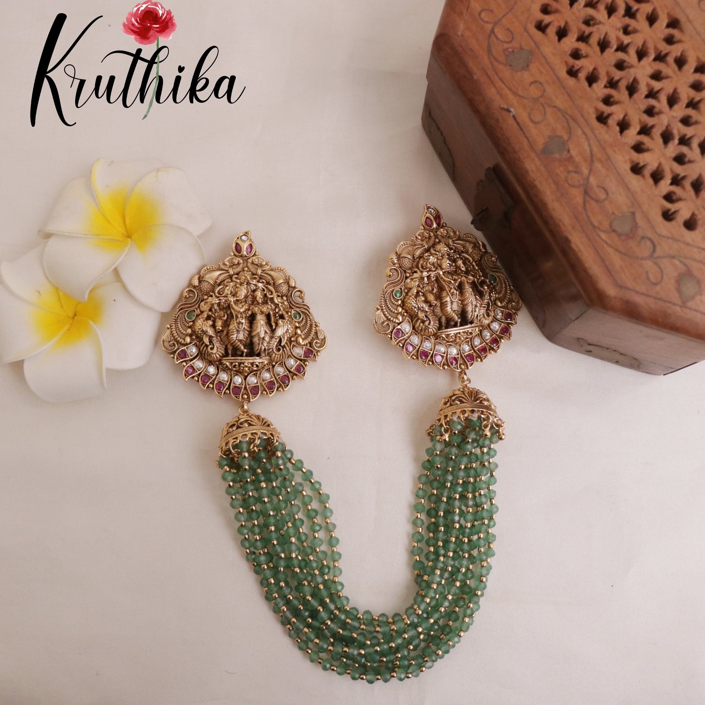 Elegant Radha Krishna Jada Billa with Pearl Green Beads J133