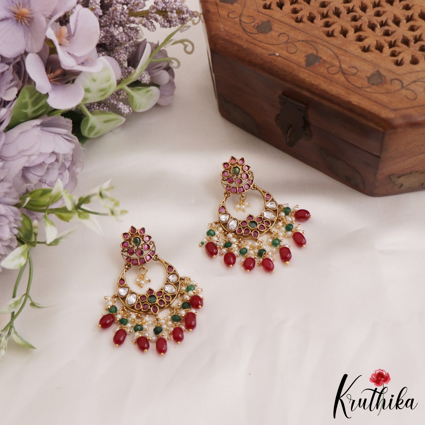 Beautiful Floral Chandbali Earrings With Pearl And Bead Drops E883 (Available In 2 Colors)
