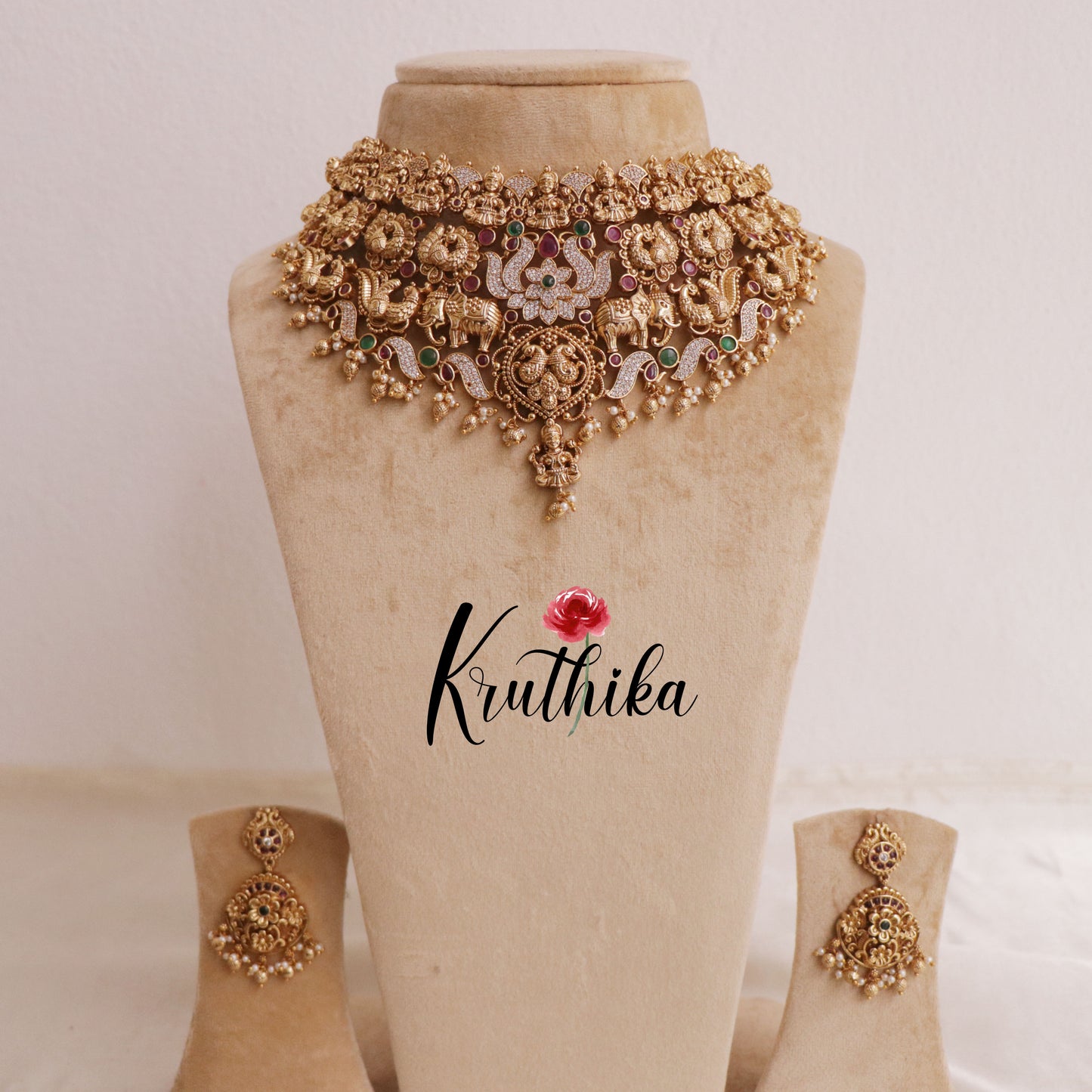 Premium Lakshmi peacock choker with golden beads NC1955