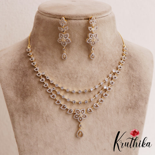 Sparkling Floral Diamond-Finish Gold-Tone Multi Layered AD Necklace NC2896