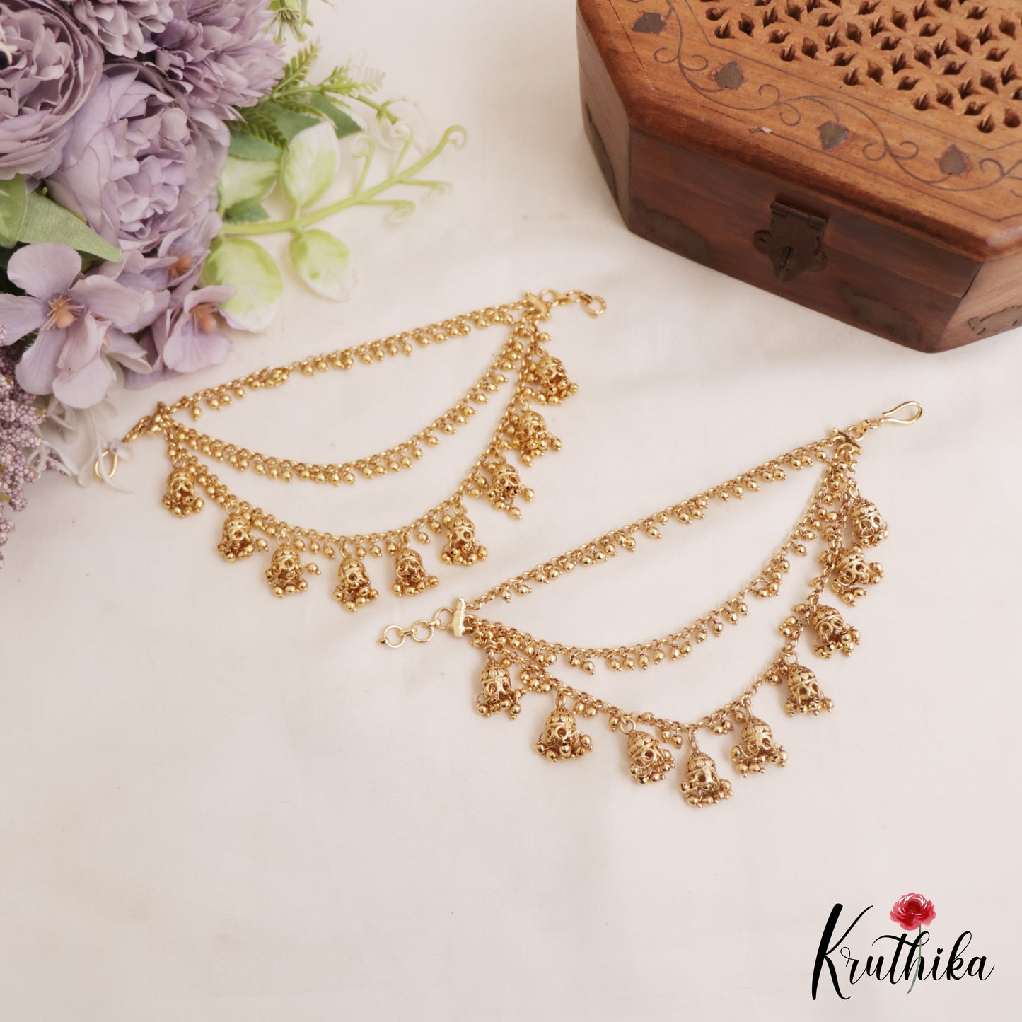 Beautiful Triple Strand Gold Bead Earchains With Jhumka EC204