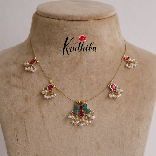 Beautiful Jadau Lotus Pendant Invisible Chain NC2185 (Available in 3 Colours)