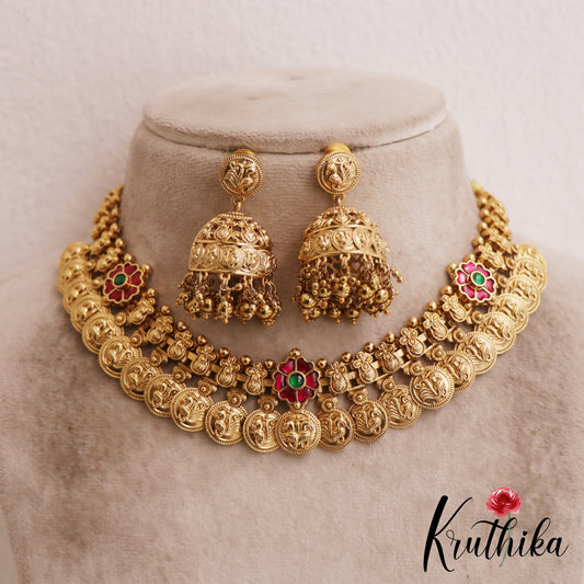 Beautiful Antique Peacock Motifs Kasu Jadau Choker NC2845 (Available In 2 Colors)