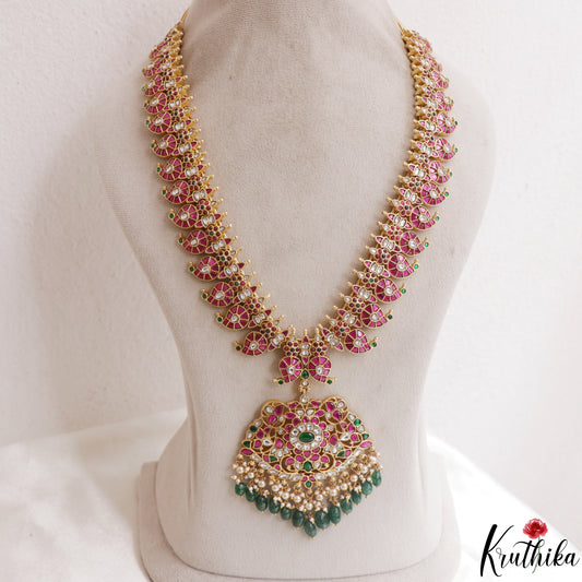 Gorgeous Mango Floral Motifs Jadau Haaram With Green Bead Drops LH2146