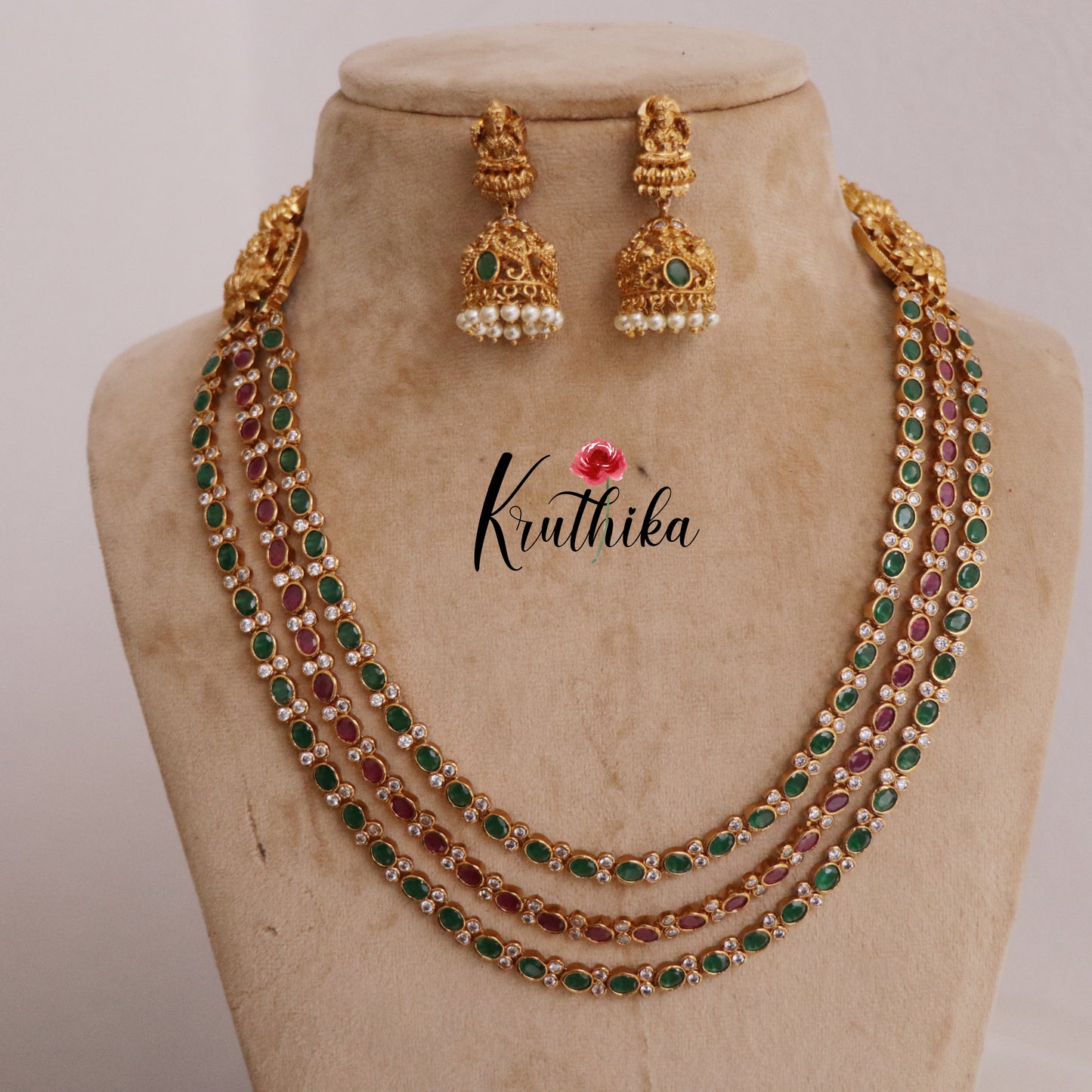 Grand Three Layer Multistone Lakshmi Haaram LH1954