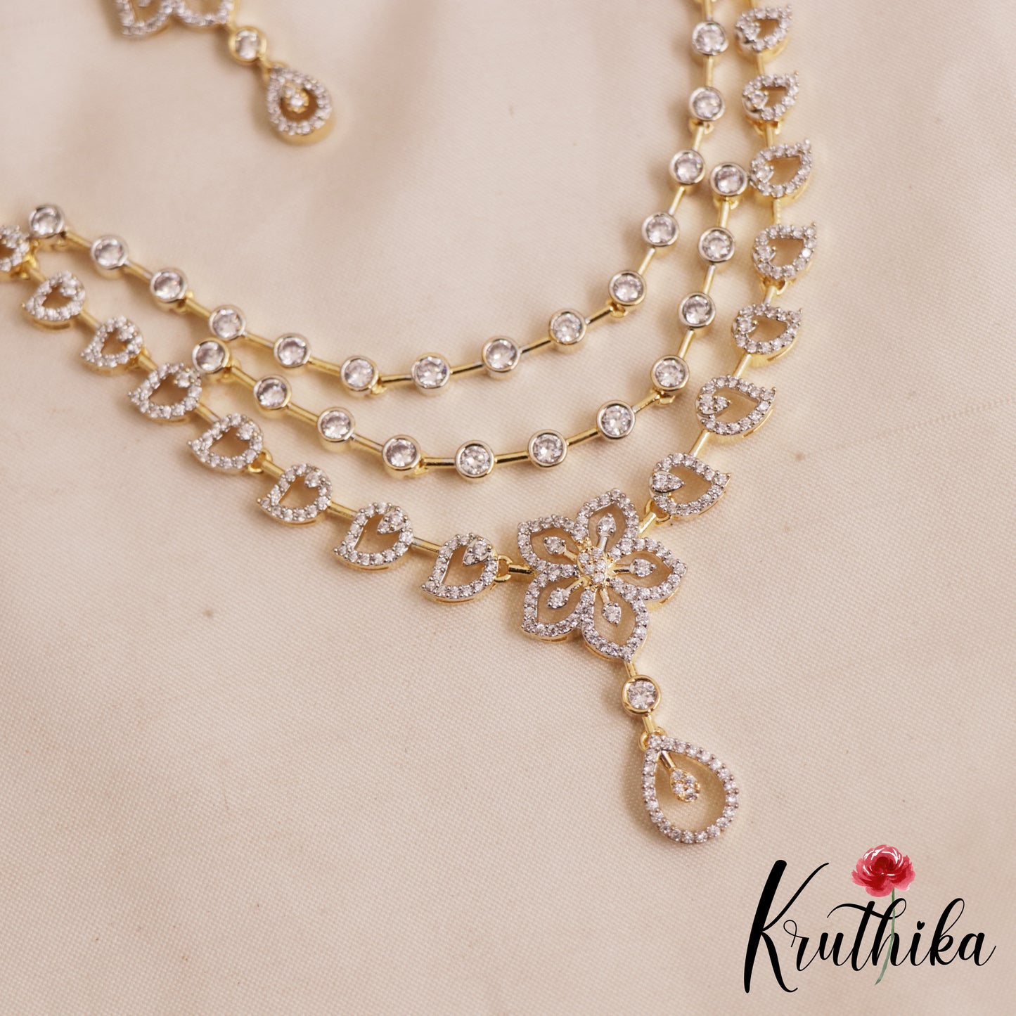 Sparkling Floral Diamond-Finish Gold-Tone Multi Layered AD Necklace NC2896