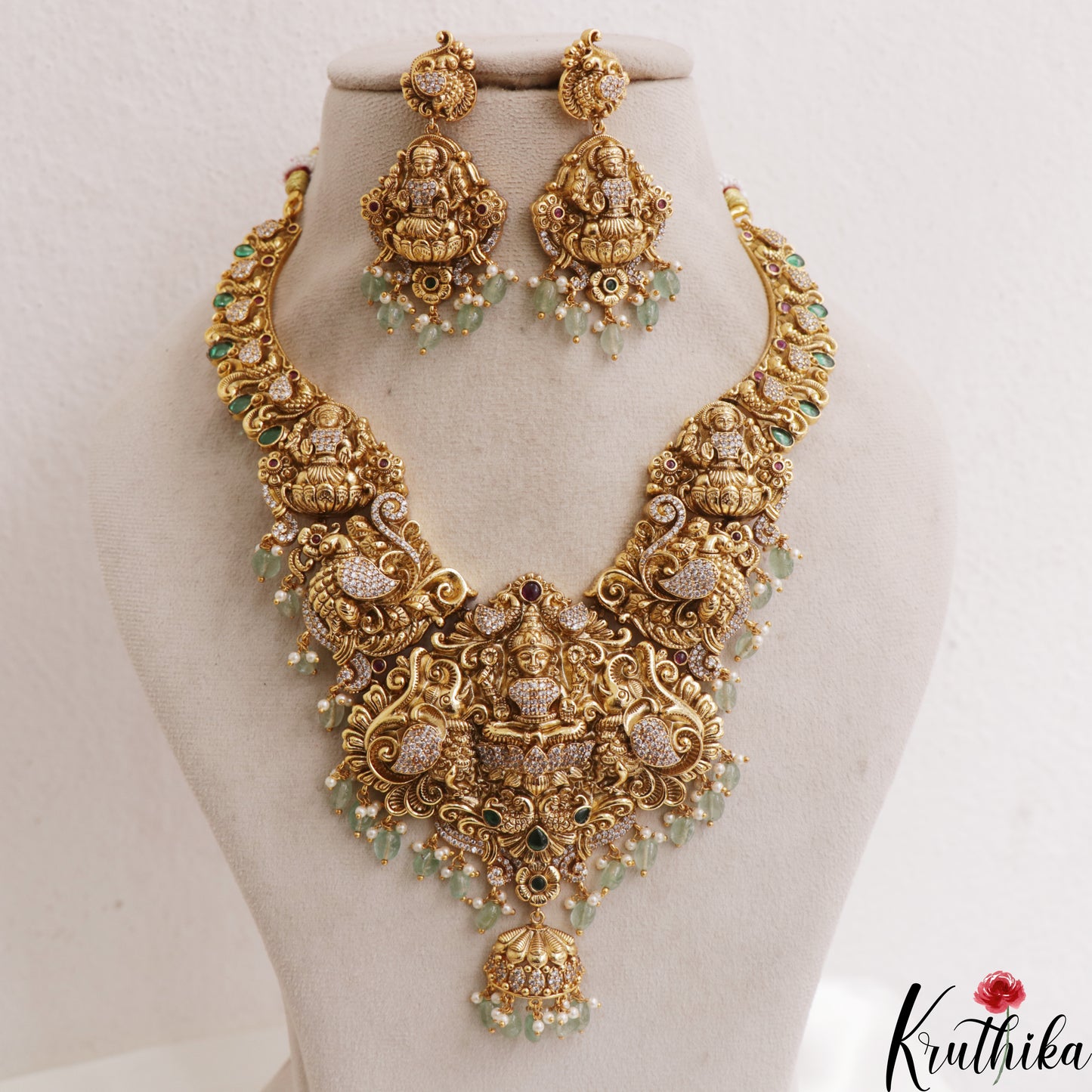 Premium Antique Nagas Lakshmi Peacock Motifs Necklace With Mint Green Bead Drops NC3078