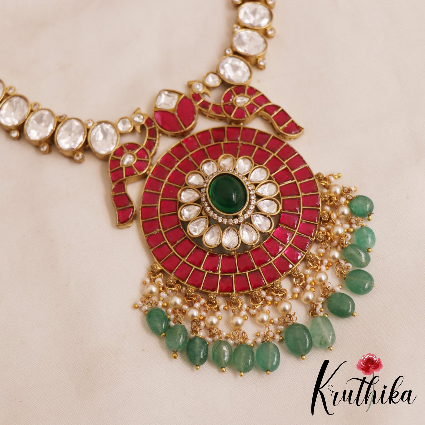 Stunning Floral Peacock Motifs Jadau Pendant With Polki Necklace NC2890