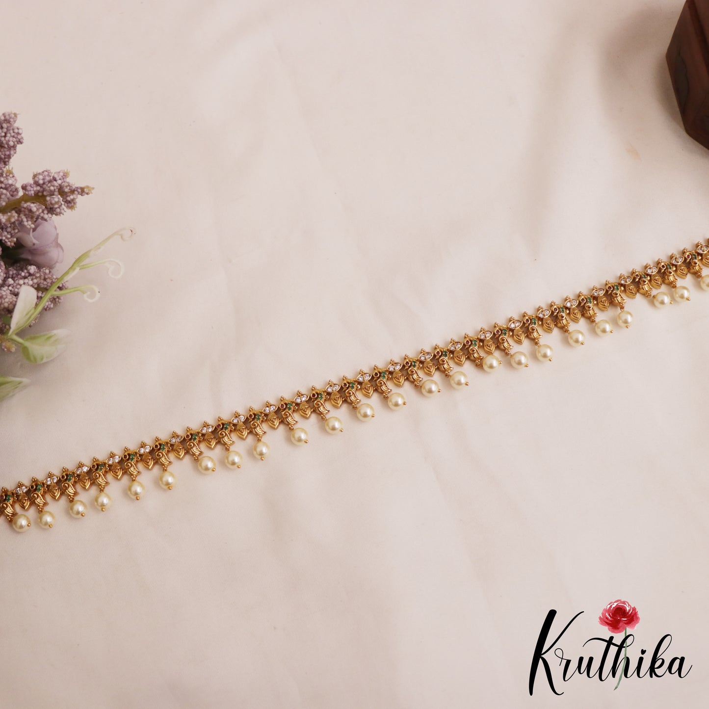 Classic Peacock Motifs Hip Chain With Pearl Drops V351