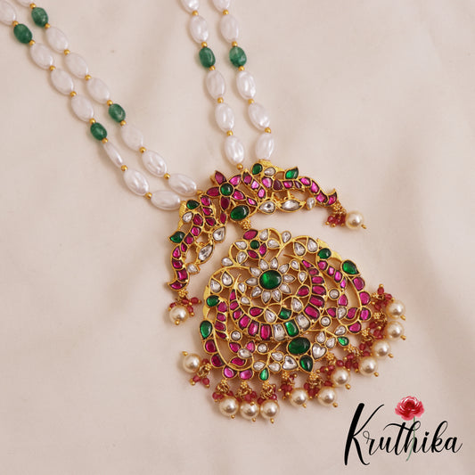 Stunning Floral Peacock Motifs Double Strand Pearl Bead Jadau Haaram LH2089
