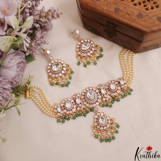 Stunning Polki Victorian Choker With Multi Pearl Strand Chain NC3002 (Available IN 2 Colors)
