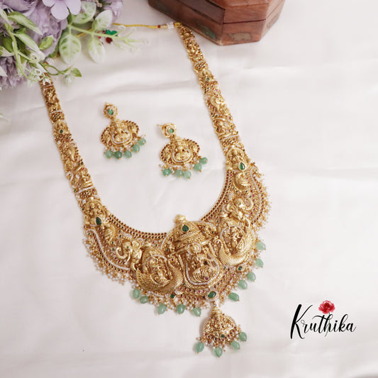 Premium Bridal Antique Temple Lakshmi Haaram with Beads Drops LH1945 (Available in 2 Colors)