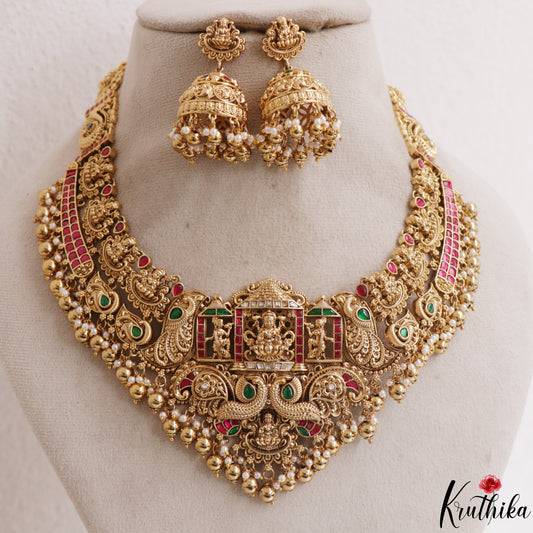 Premium Antique Nagas Lakshmi Peacock Motifs Jadau Necklace With Golden Bead Drops NC3107