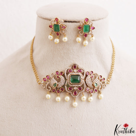 Sparkling Floral Peacock Motifs CZ Victorian Choker With Pearl Drops NC3182