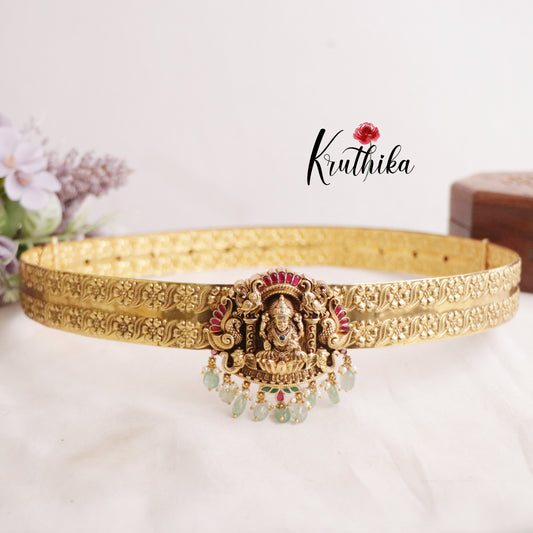 Premium Antique Lakshmi Jadau Hip Belt with Pastel Green Beads V274