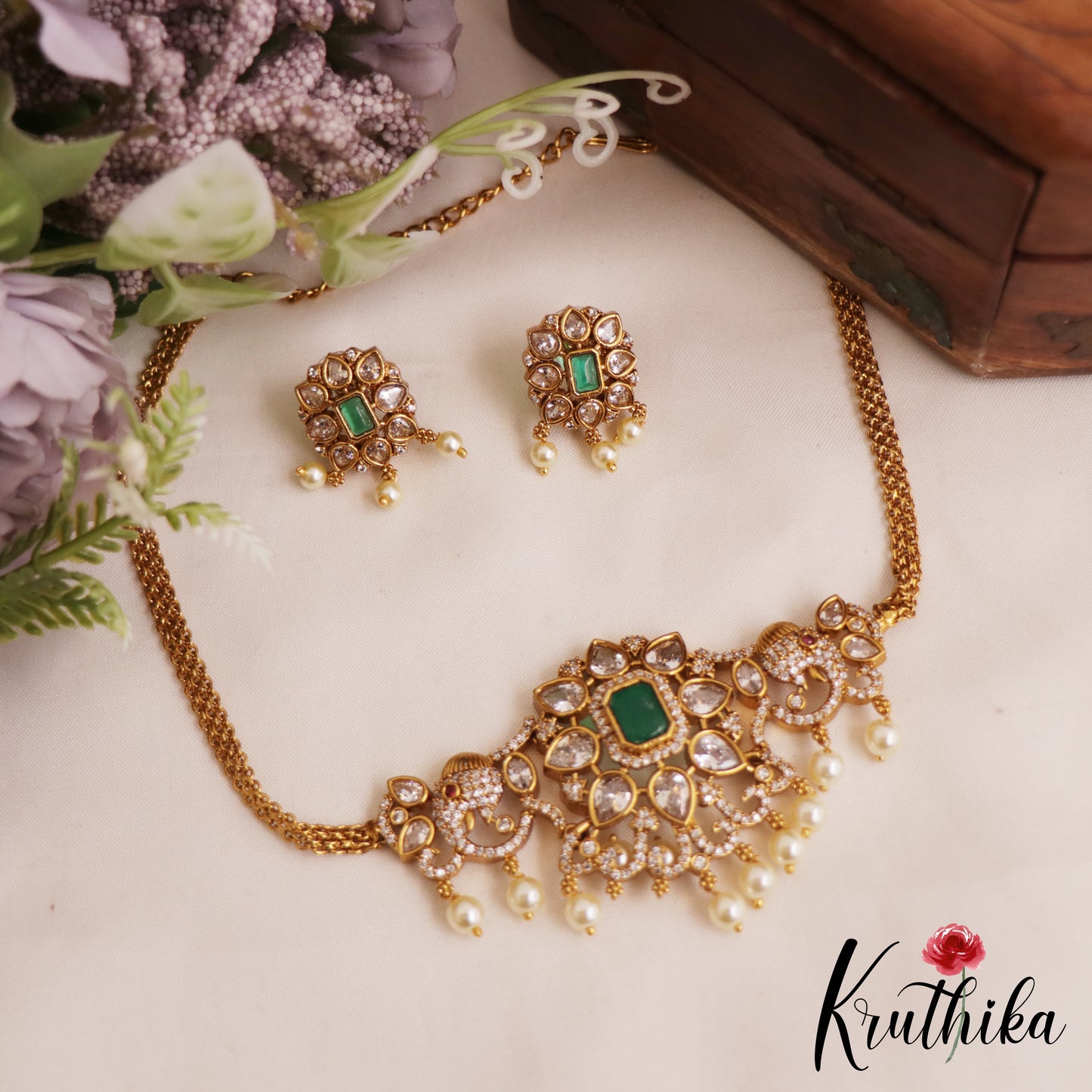 Elegant Floral Motifs AD Choker With Pearl Drops NC2811 (Available In 2 Colors)