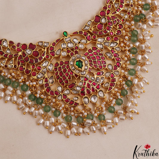 Gorgeous Peacock Motifs Guttapoosalu Jadau Necklace With Pearl Bead Drops NC3013