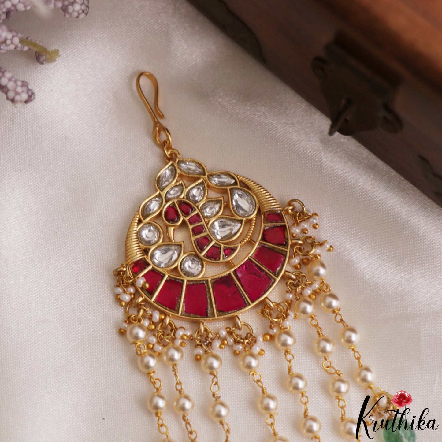 Classic Peacock Motifs Maang Tikka With Green Bead Drops MT392 (Available In 2 Colors)