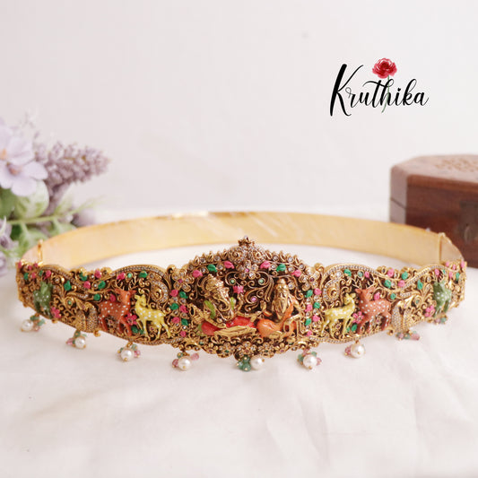 Royal Antique Temple Vaddanam with Ganesha & Lakshmi Motif | Enamel Deer Detailing & Pearl Drops V275