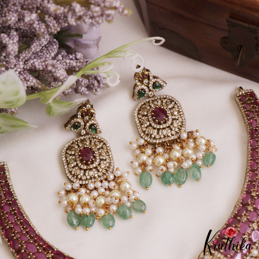 Gorgeous Peacock Motifs AD Choker With Pearl Bead Drops NC2798
