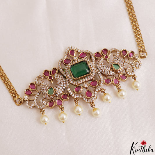Sparkling Floral Peacock Motifs CZ Victorian Choker With Pearl Drops NC3182