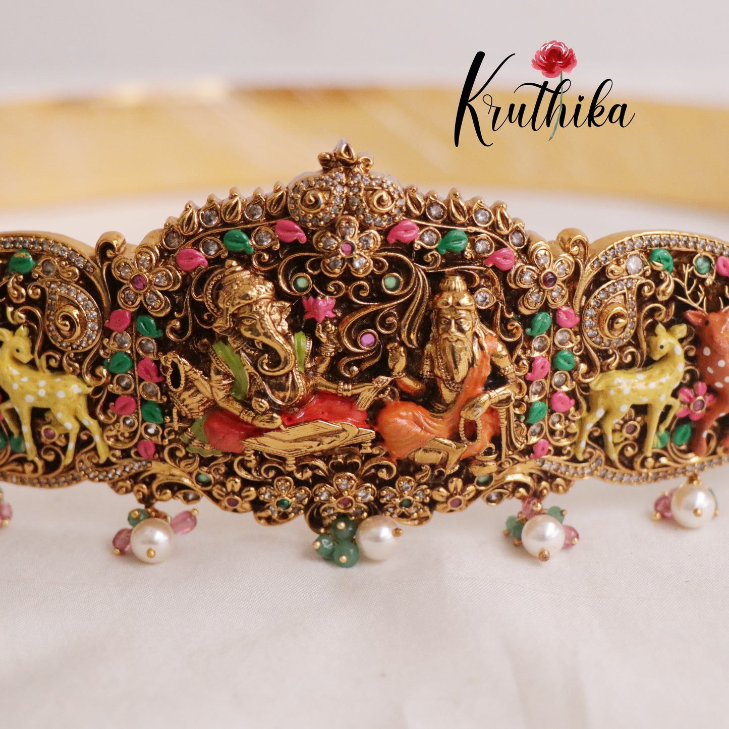 Royal Antique Temple Vaddanam with Ganesha & Lakshmi Motif | Enamel Deer Detailing & Pearl Drops V275