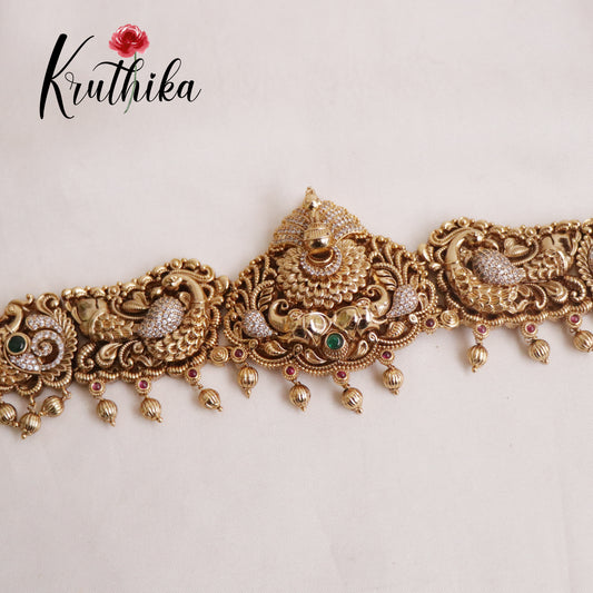 Premium AD Peacock Vaddanam Hip Chain with Golden Beads V257 (Available in 2 colours)