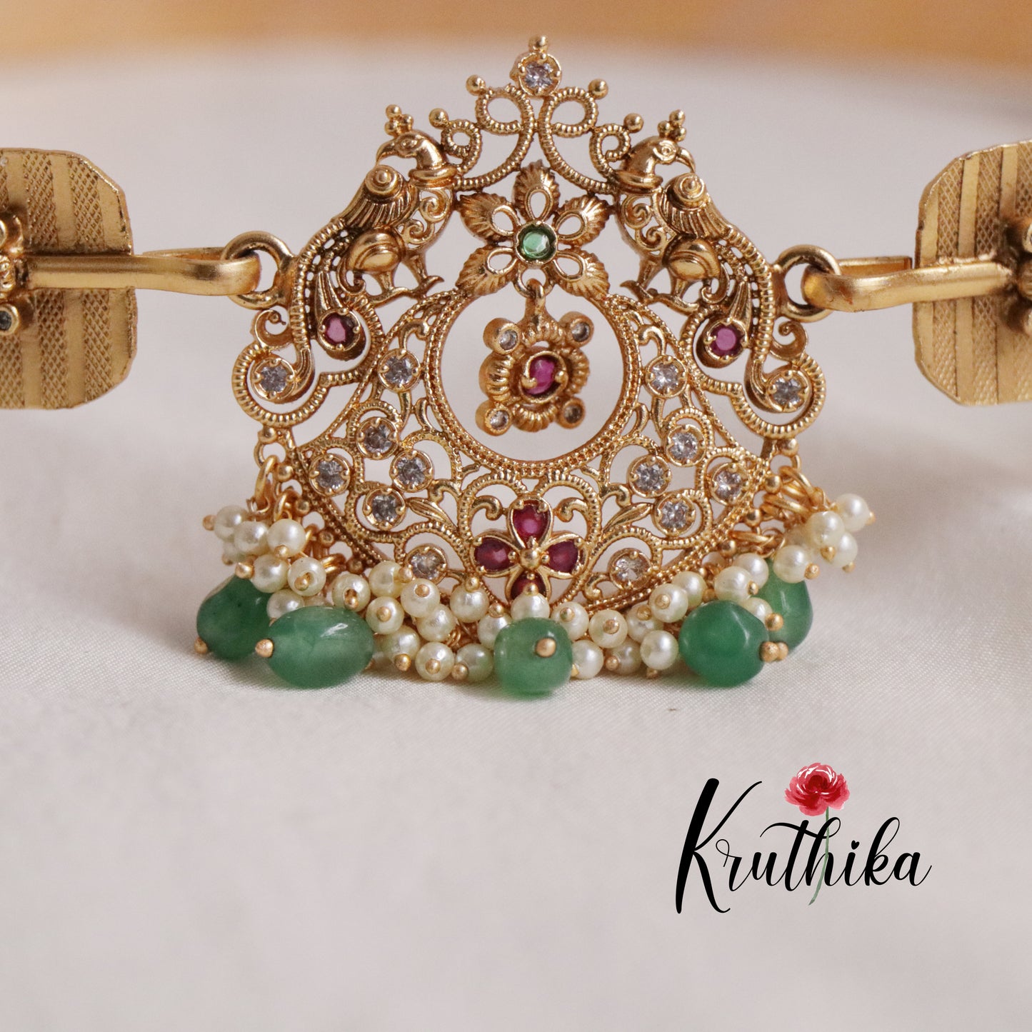 Simple Antique Peacock Light Wight Hip Belts with Green Beads Drops V271