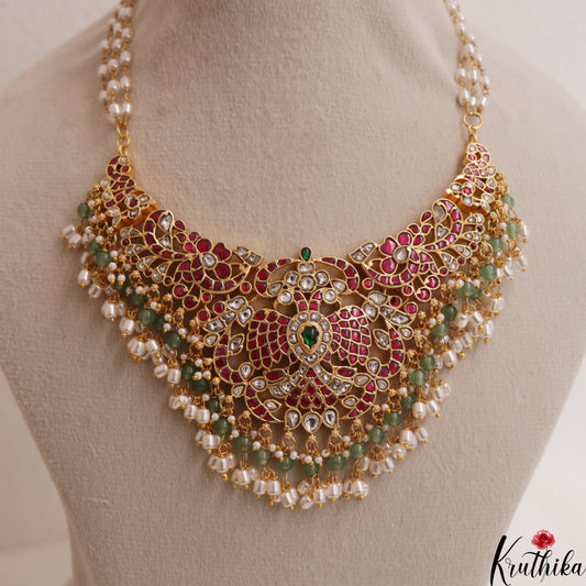 Gorgeous Peacock Motifs Guttapoosalu Jadau Necklace With Pearl Bead Drops NC3013