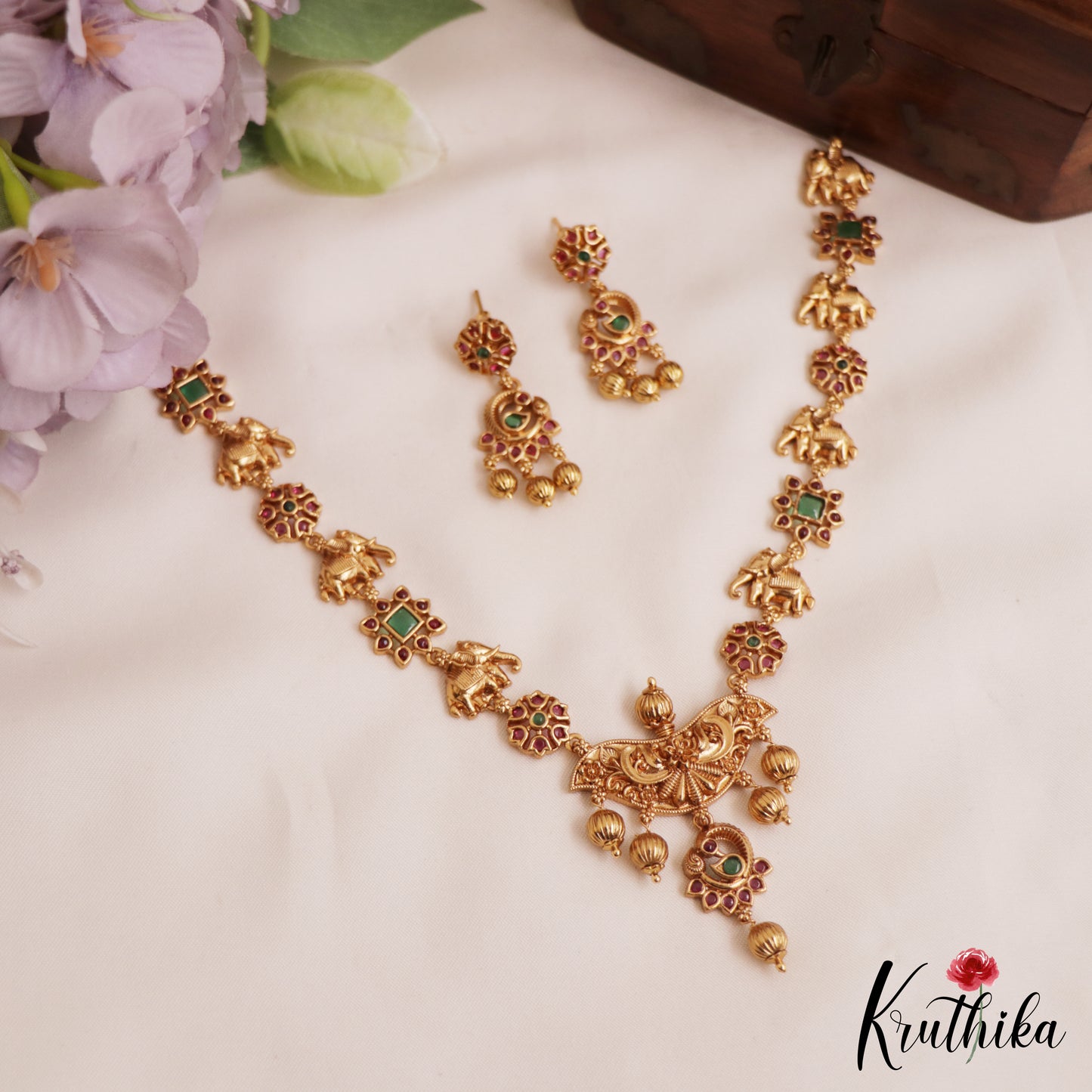 Simple Antique Floral Elephant Motifs With Golden Bead Drops NC2782