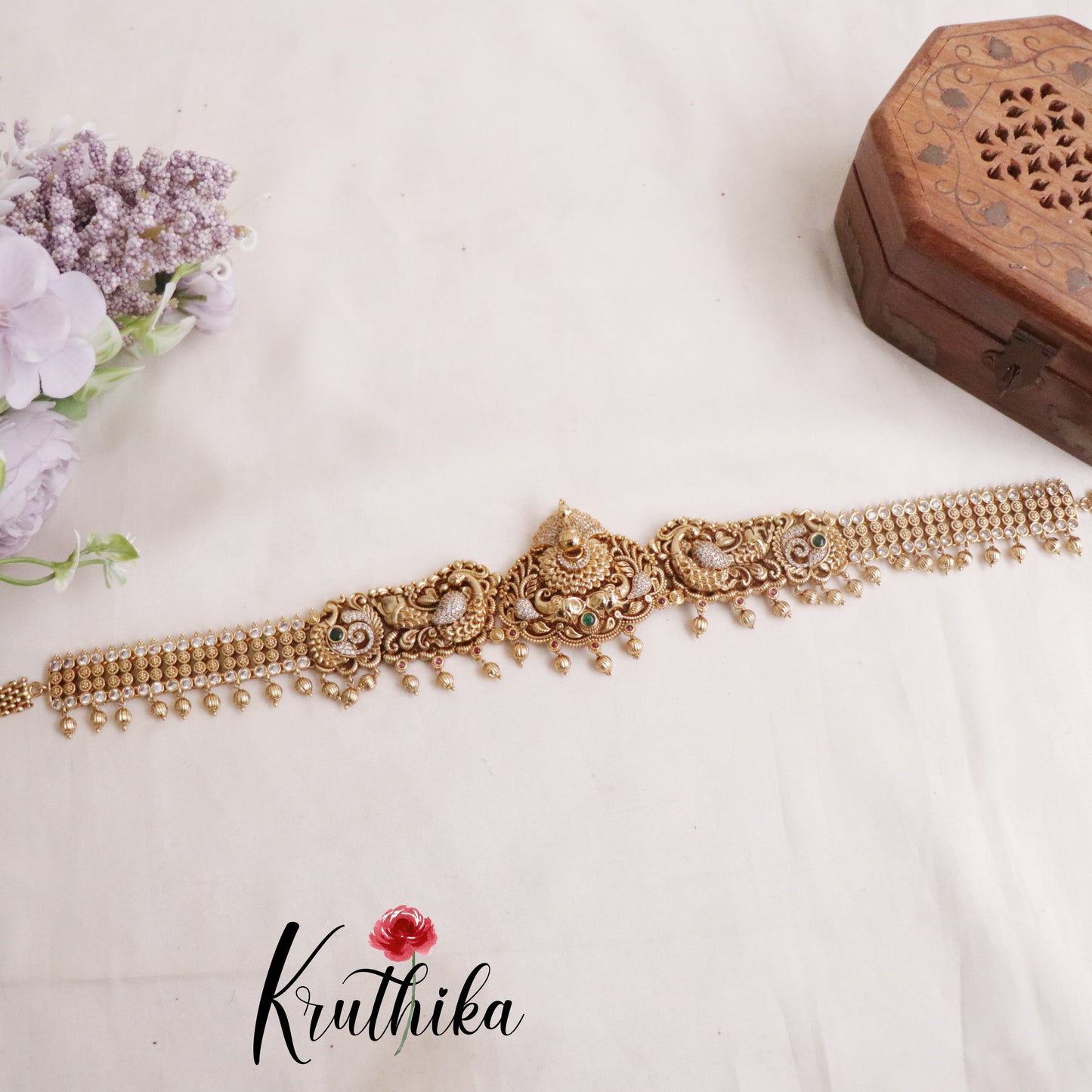 Premium AD Peacock Vaddanam Hip Chain with Golden Beads V257 (Available in 2 colours)