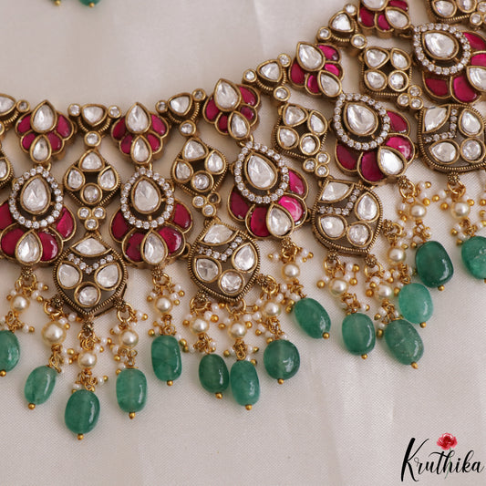 Grand Teardrop Motifs Moissanite Jadau Choker With Green Bead Drops NC3109