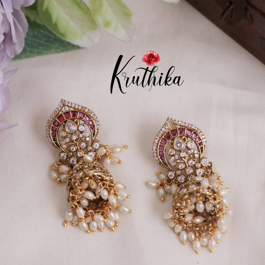 Beautiful Antique Kemp Ruby Jhumkas with Pearl Drops E644