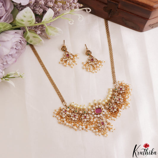 Beautiful CZ Floral Motifs Kemp Choker With Pearl Drops NC3183 (Available In 2 Colors)