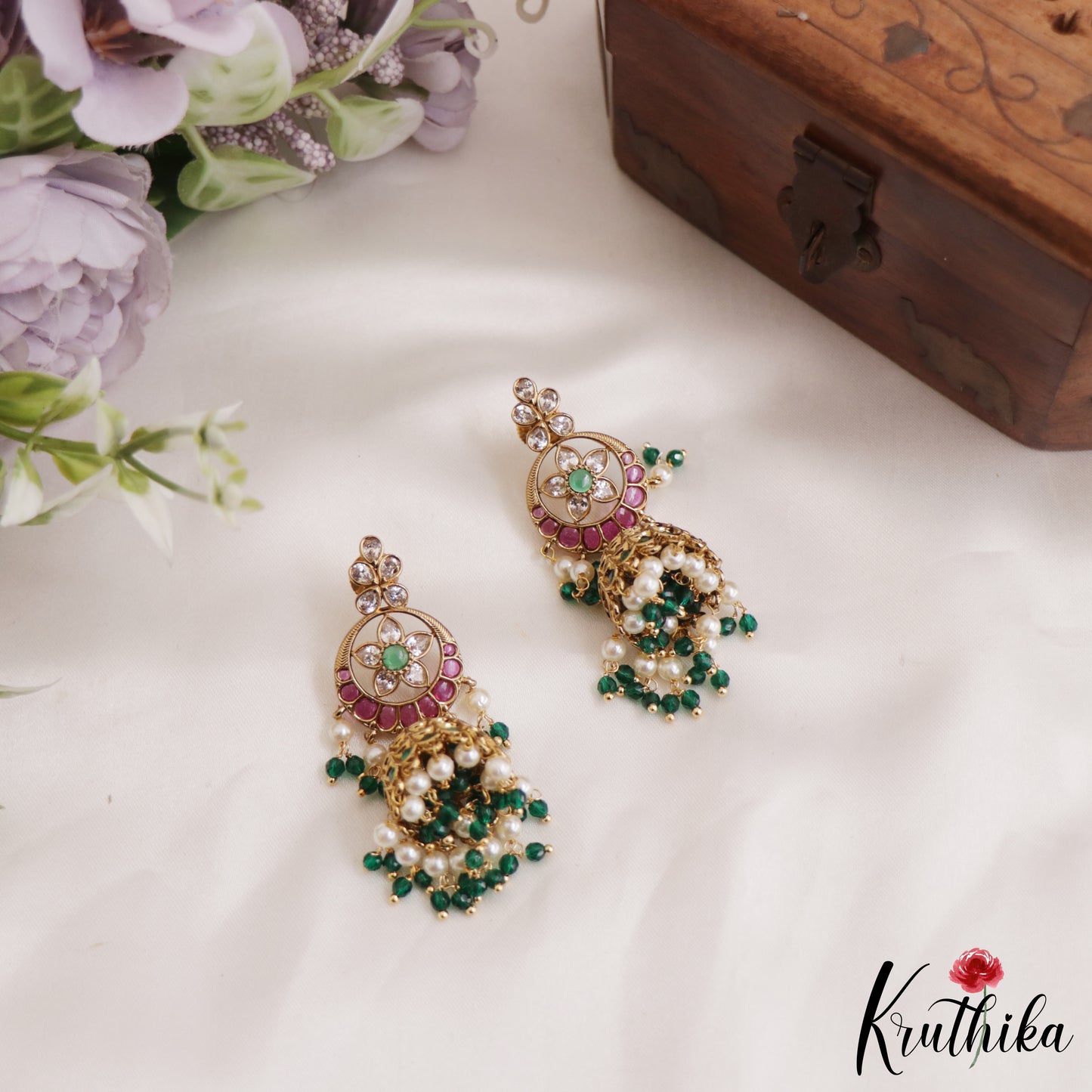 Gorgeous AD Floral Jhumka Earrings With Pearl And Beads Drops E877 (Available In 4 Colors)