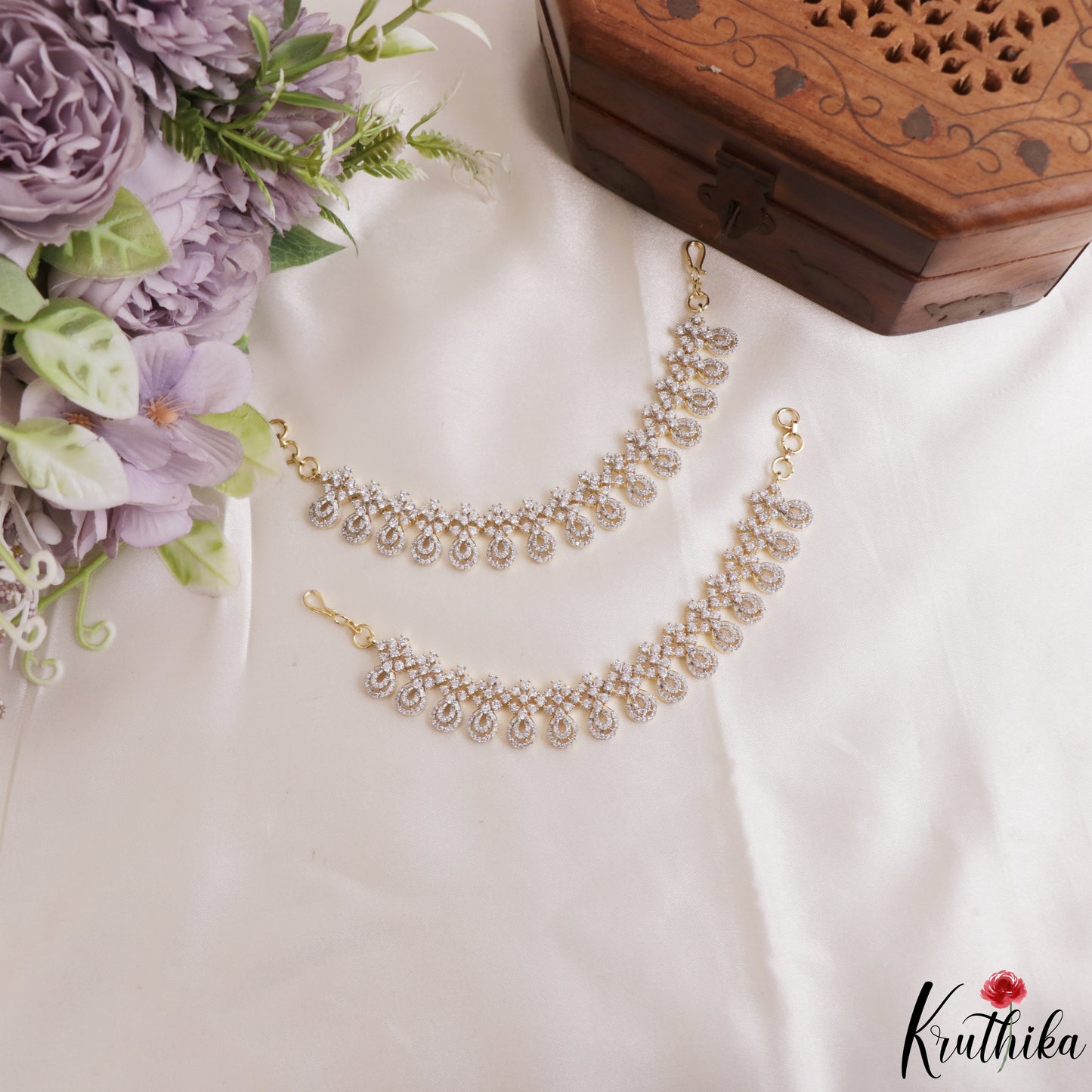 Trendy Floral Teardrop Motifs Gold-Tone CZ Earchains EC232