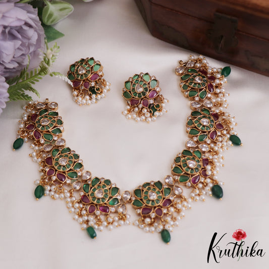 Elegant Lotus Motifs Kemp Guttapoosalu Choker With Green Drop NC2698 (Available In 2 Colors)