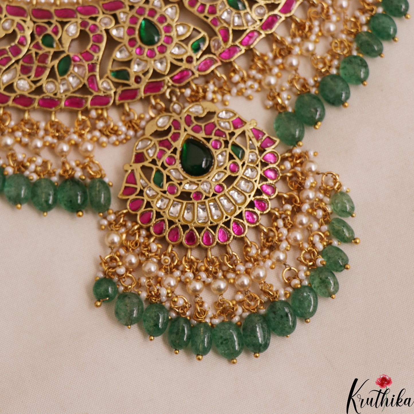Premium Floral Peacock Motifs Jadau Necklace With Green Bead Drops NC3004