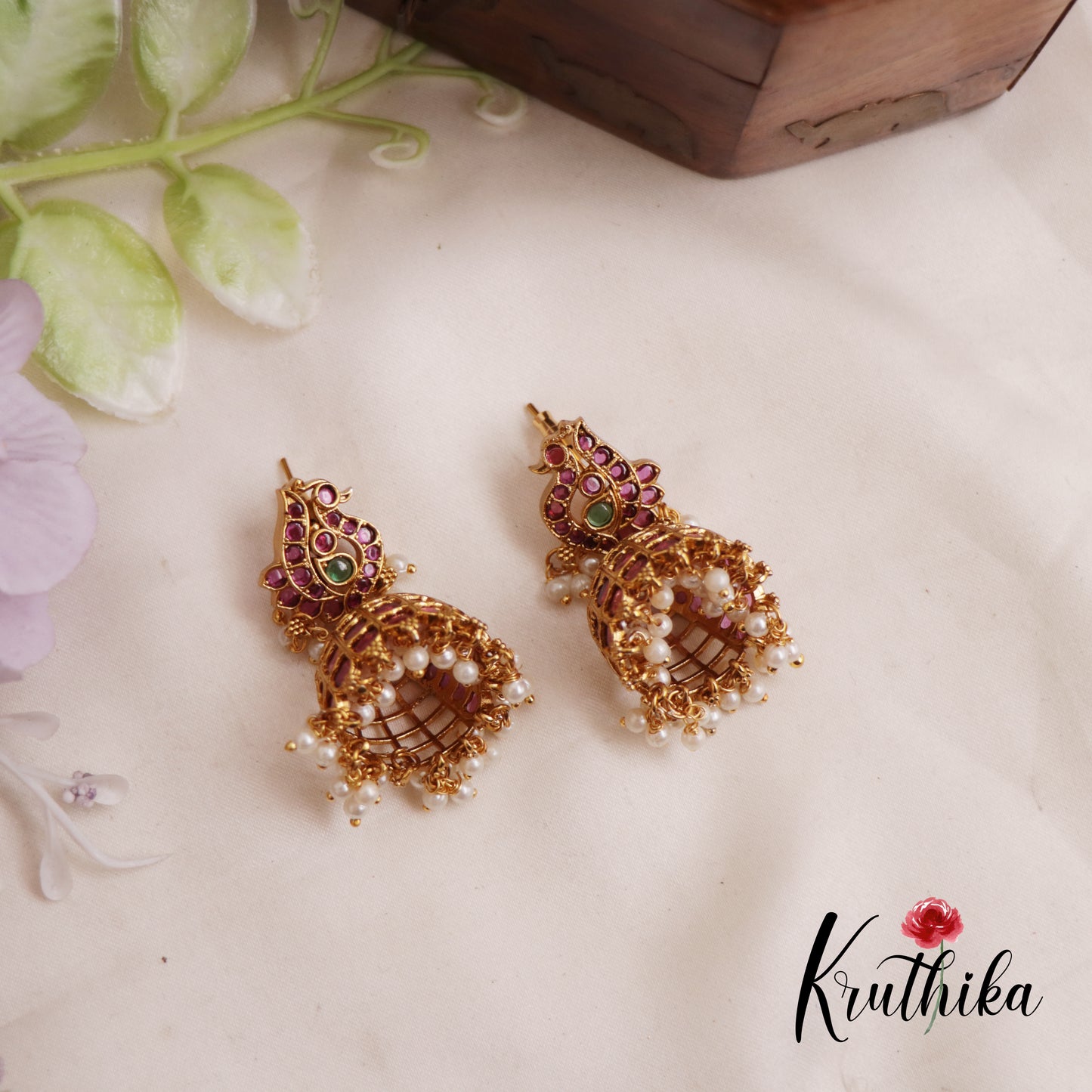 Traditional Kemp Peacock Jhumka Earrings With Pearl Drops E832