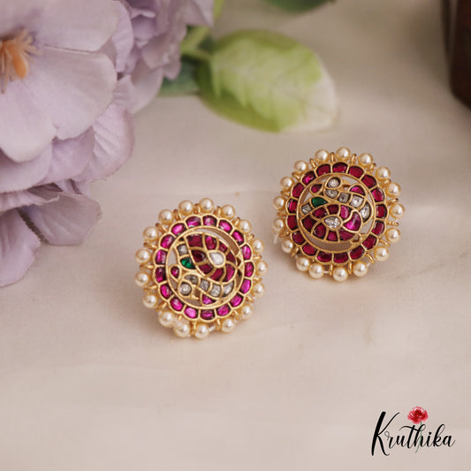 Beautiful Pearl Border Peacock Motifs Jadau Stud Earrings E951