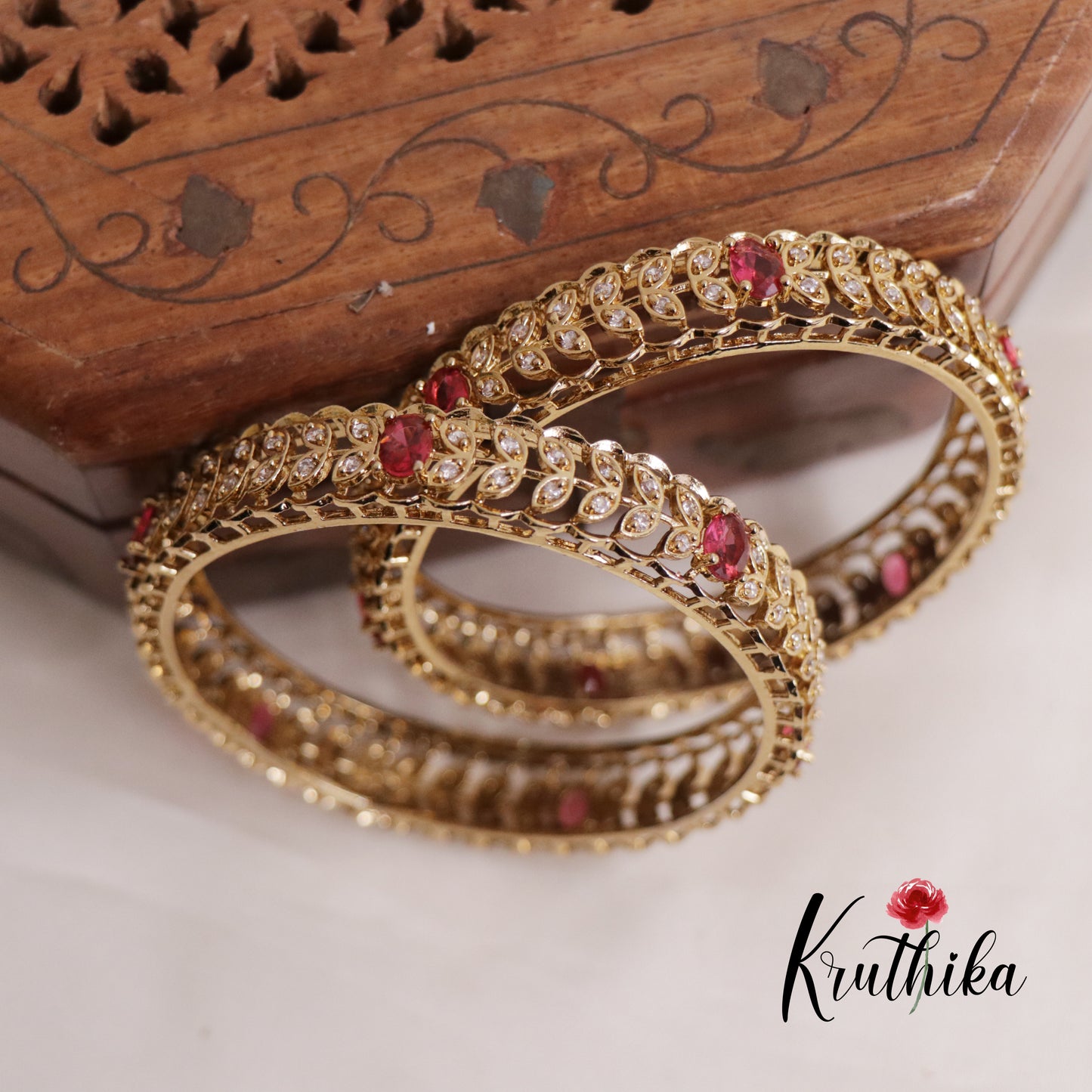 Beautiful AD Leaf Sparkling Bangles B364 (Set Of 2 Bangles)