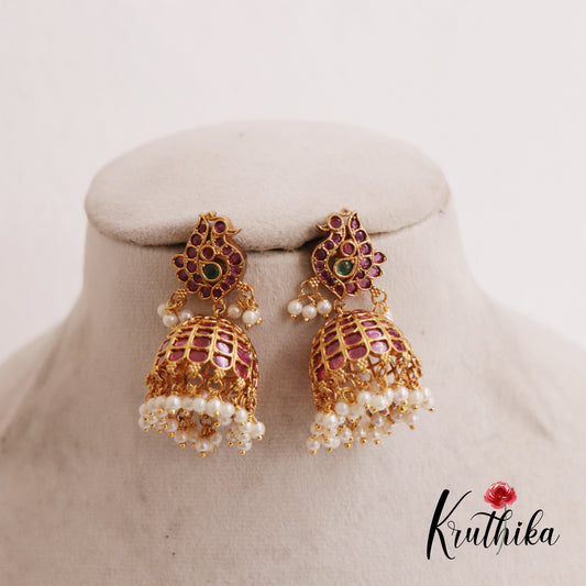 Traditional Kemp Peacock Jhumka Earrings With Pearl Drops E832