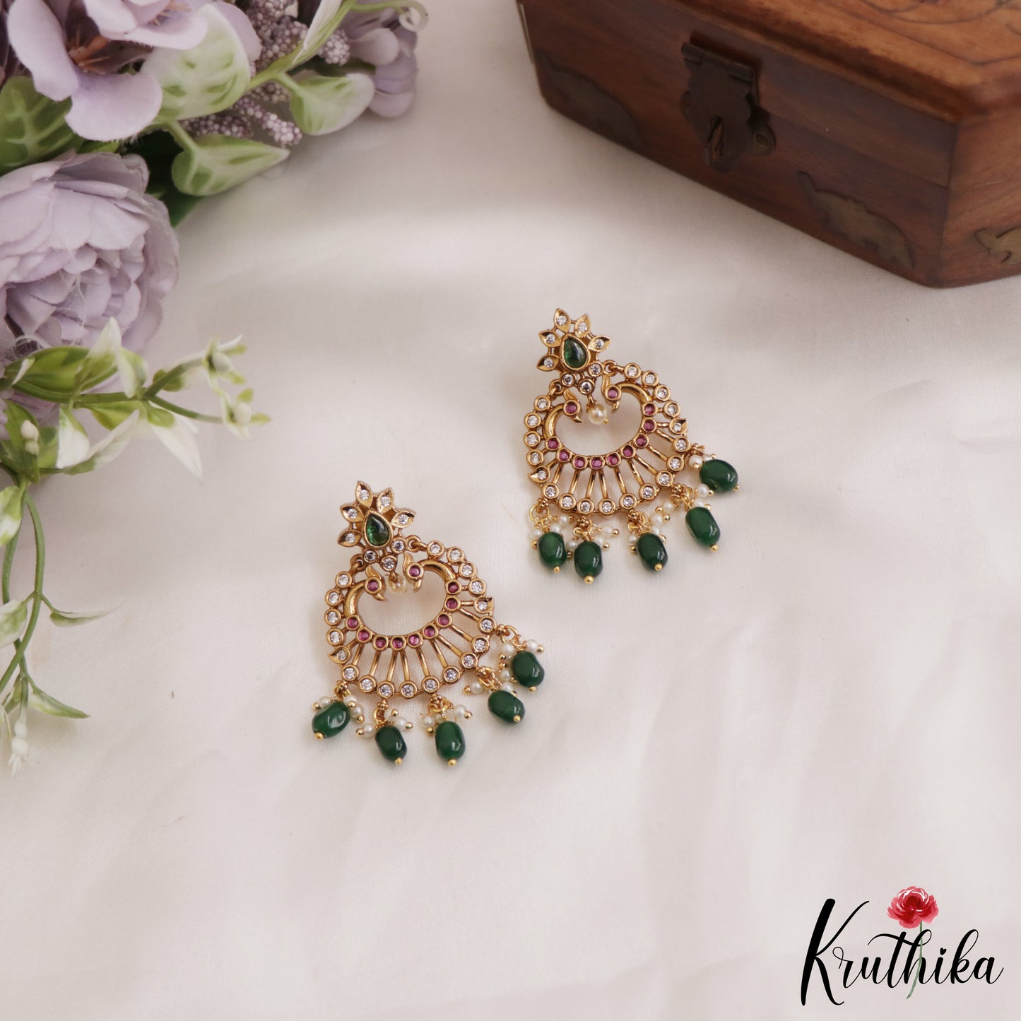 Stunning Peacock Floral Motifs chandbali Earrings With Pearl And Bead Drops E886 (Available In 2 Colors)
