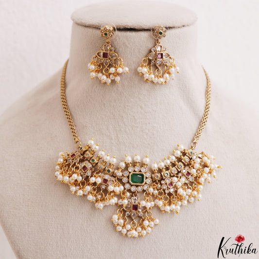 Beautiful CZ Floral Motifs Kemp Choker With Pearl Drops NC3183 (Available In 2 Colors)