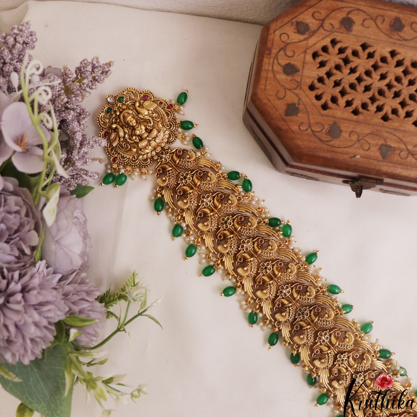Premium Antique Nagas Lakshmi Peacock Motifs Jada Billa With Bead Drops J392 (Available In 2 Colors)