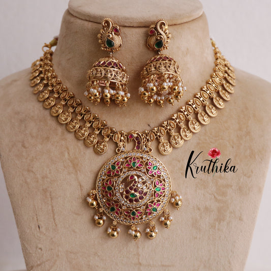 Classic Jadau Peacock Pendant Kasu Necklace with Golden Beads NC2186
