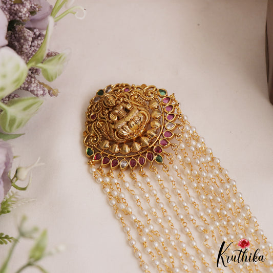 Premium Antique Lakshmi Motifs Multi Pearl Strand Kemp Jada Billa With Bead Drops J383 (Available In 2 Colors)